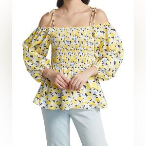 Tanya Taylor yellow puff sleeve off/on shoulder smocked blouse sz M peplum waist